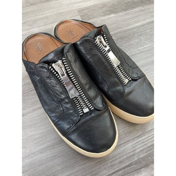 frye leather zip mules